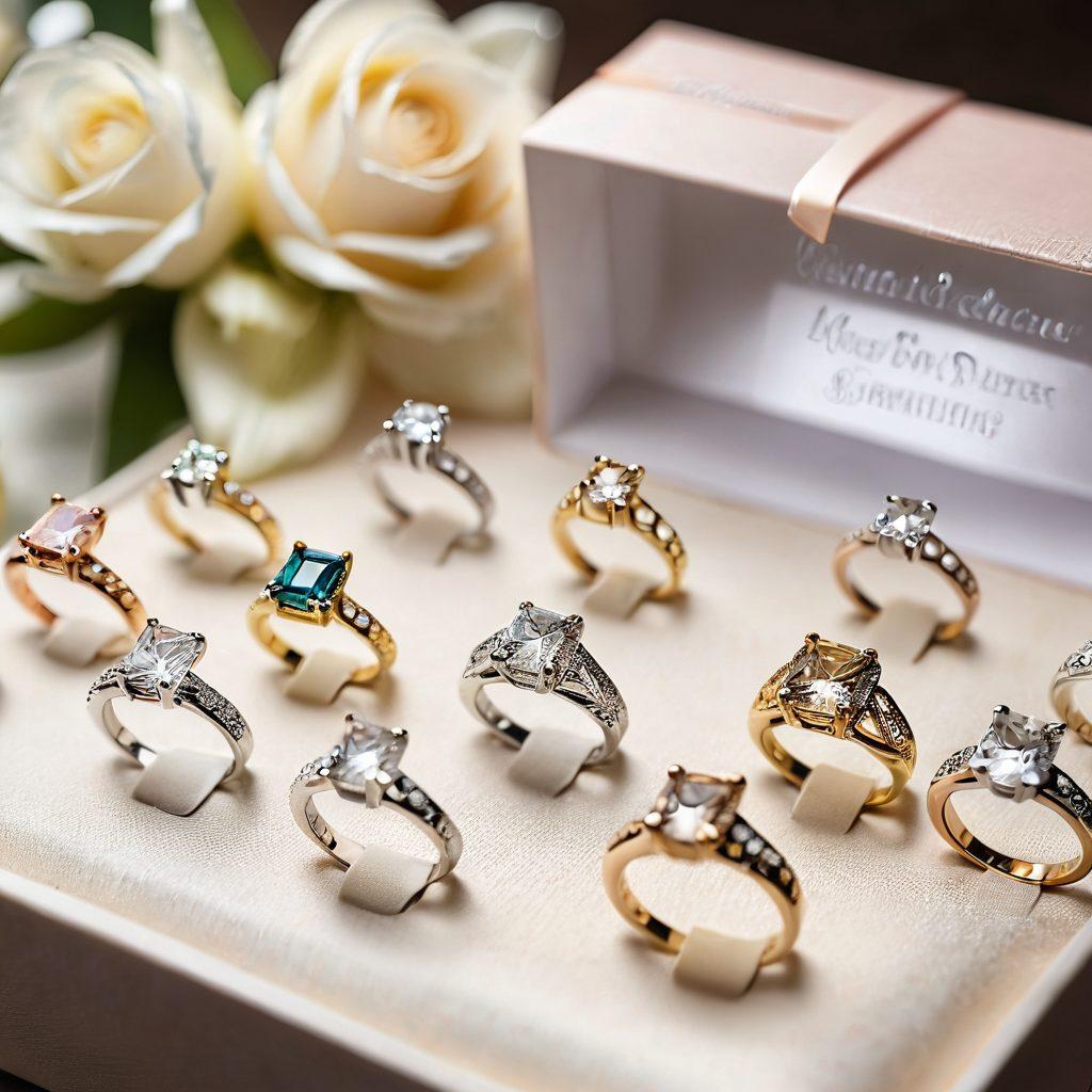 A close-up of an elegant ring display featuring various stylish and personalized rings, showcasing intricate designs and affordable price tags. Surrounding the rings are soft, warm lighting and delicate fabrics that evoke a sense of luxury and comfort. In the background, hint hints of special occasions such as weddings and anniversaries subtly emerge. The scene conveys a blend of elegance and approachability. super-realistic. vibrant colors. soft focus.