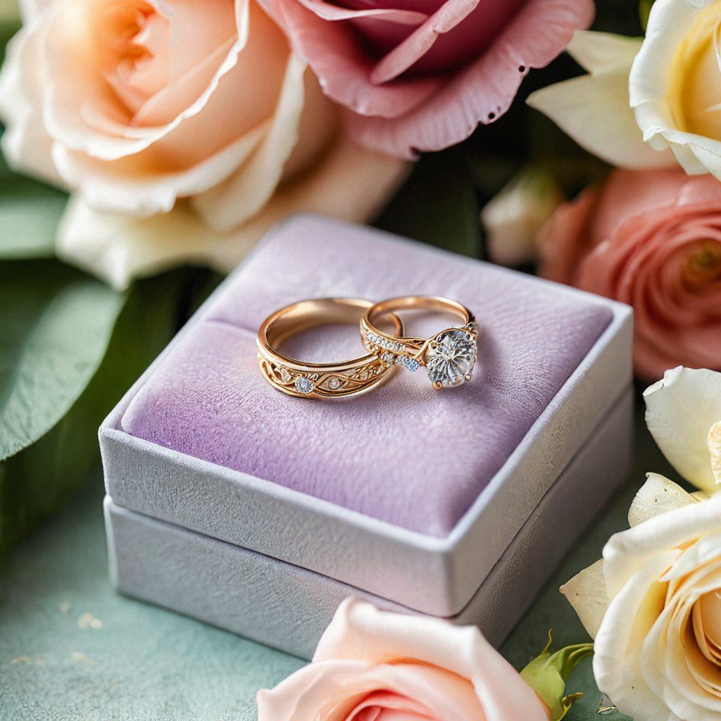 A beautifully arranged display of various engagement and wedding rings, each nestled in elegant velvet boxes. The background features soft pastel colors and gentle floral accents, symbolizing love and joy. A faint sparkle glimmers around the rings, adding a magical touch. Include a couple happily admiring their chosen ring, showcasing a moment of celebration. super-realistic. vibrant colors. soft-focus background.